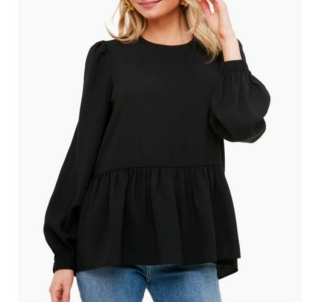 Tuckernuck Pomander Place Black Carlota Long Sleeve Peplum Blouse Medium New